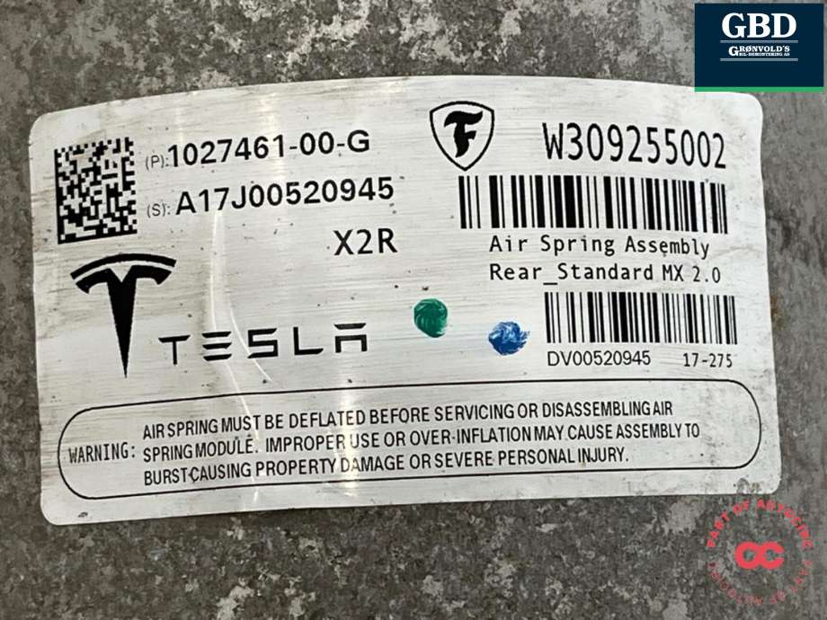 Fjær bak nivå luftpute/belg til Tesla Model X 2016-->>  (1027461-00-G|)