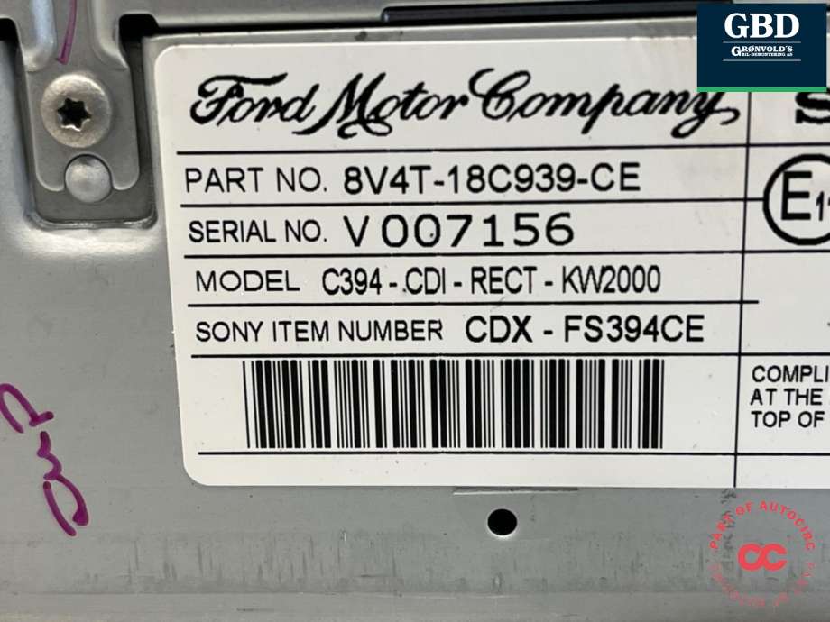 Bilstereo til Ford Kuga 2008-2012 (Type I)  (1830420|8V4T-18C939-CH|8V4T-18C939-CE)