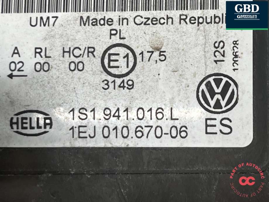 Frontlykt høyre halogen til VW Up 2012-2019  (1S1 941 016 N|1EJ01067006|1S1941016L)