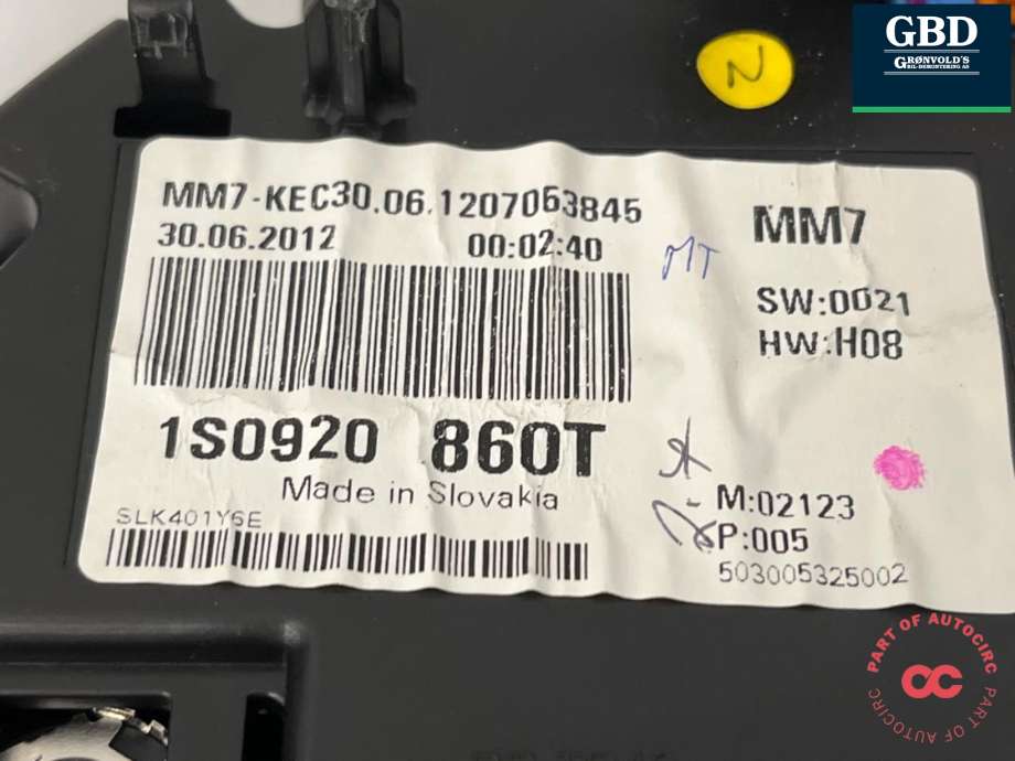 Instrumentpanel til VW Up 2012-2019  (1S0 920 860 T|1S0 920 860 TX|)