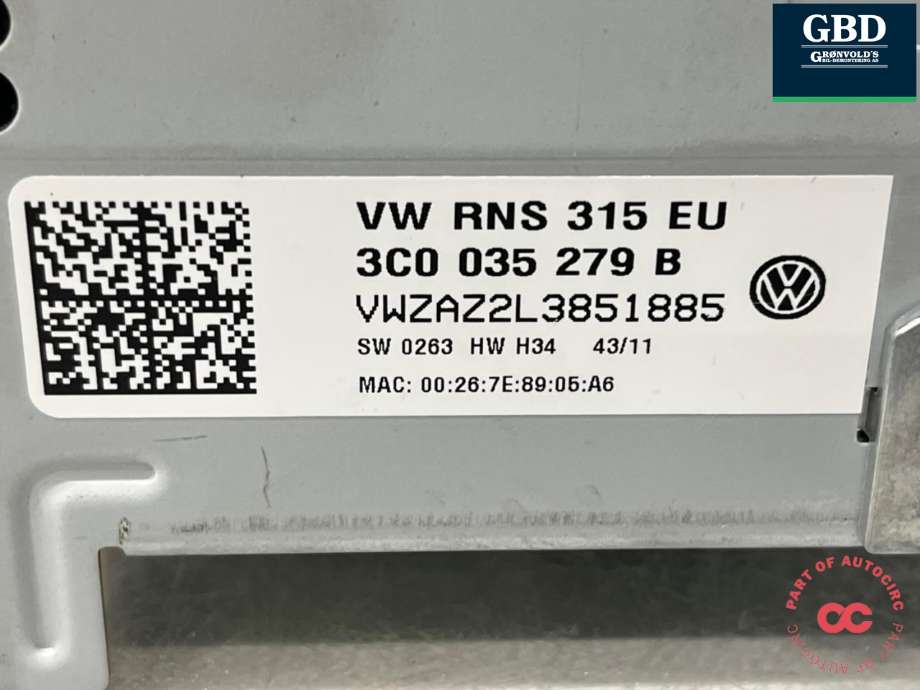 Bilstereo navigasjon til VW Tiguan 2011-2016 (Type I, Fase 2)  (3C0 035 279 G|3C0 035 279 GX|3C005279B)