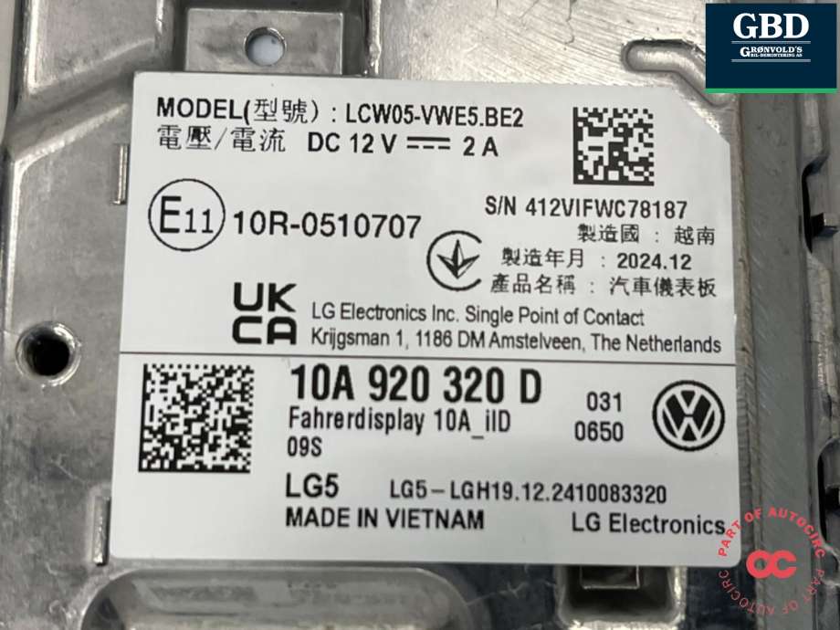 Instrumentpanel til VW ID.3 2020-->> (10A 920 320 D|)