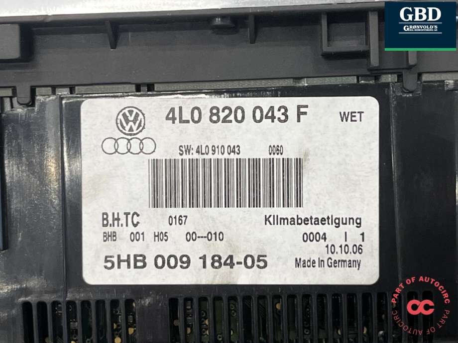 Varmeapparat betjening til Audi Q7 2006-2010 (Type I, Fase 1) (4L0 820 043 F|4L0 820 043 F WET|)