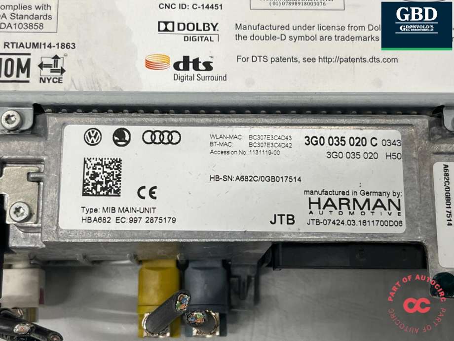 Bilstereo til VW e-Golf 2014-2017 (Fase 1)  (3G0 035 020 C|3G0 035 020 CX|)