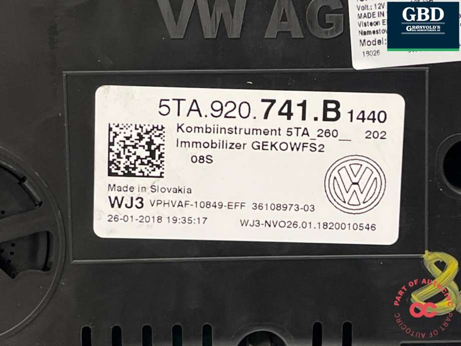 Instrumentpanel til VW Touran 2015-2021 (Type II)  (5TA 920 741 B|5TA.920.741.B|)