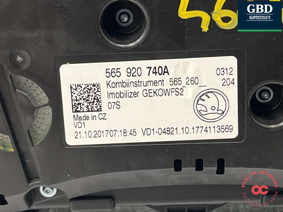 Instrumentpanel til Škoda Kodiaq 2017-->>  (565 920 740A|)