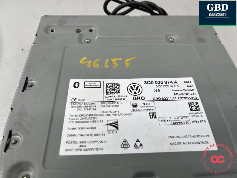 Bilstereo CD-veksler til VW Passat 2015-2019 (Fase 1) (B8) (B8) (3Q0 035 874 A|3Q0 035 874 AX|)