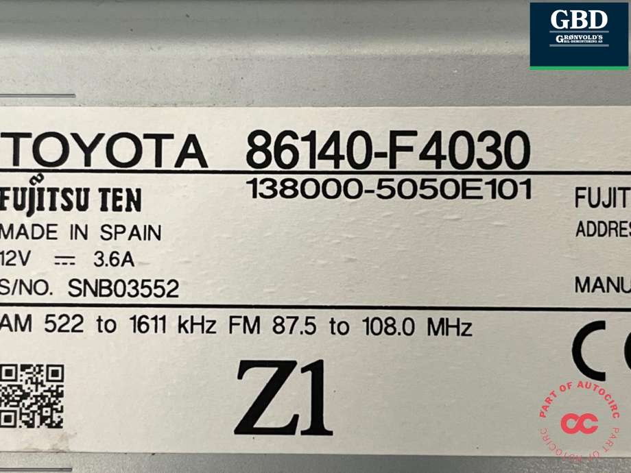 Bilstereo til Toyota C-HR 2016-->>  (86140-F4030|86140F4030|)