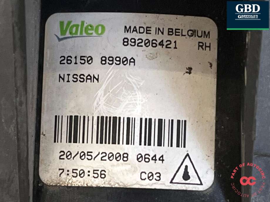 Tåkelykt høyre foran til Nissan Qashqai 2007-2010 (Type I, Fase 1)  (B6A508990A|89206421|261508990A)