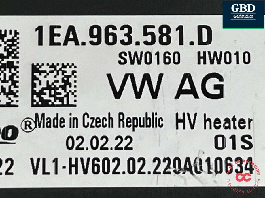 Varmeapparat PTC-heater til Cupra Born 2022-->>  (1EE 963 221 B|1EA963581D|)