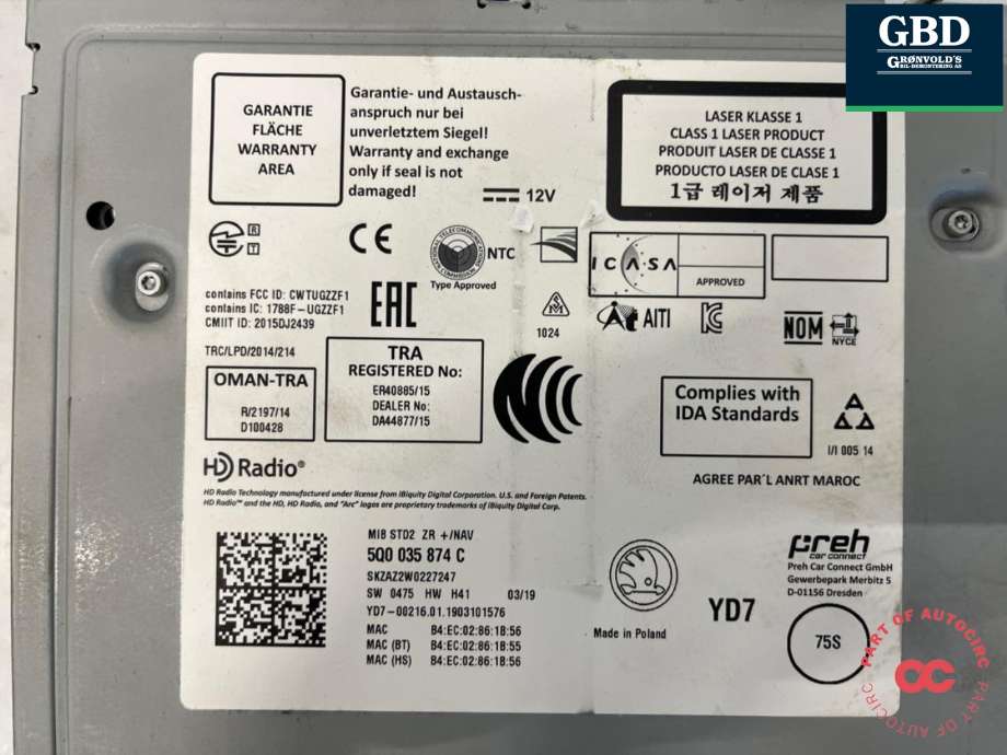 Bilstereo til Škoda Octavia 2017-2020 (Type III, Fase 2) (5Q0 035 874 C|)