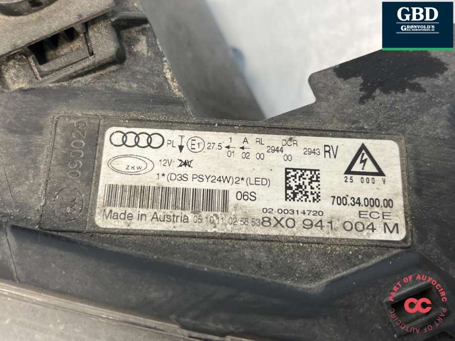 Frontlykt høyre xenon til Audi A1 2010-2014 (Type I, Fase 1) (8X0 941 044|)