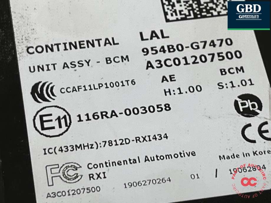 Styreenhet comfort (BCM) til Hyundai Ioniq Electric 2019-->> (Fase 2)  (954B0G7 470|)