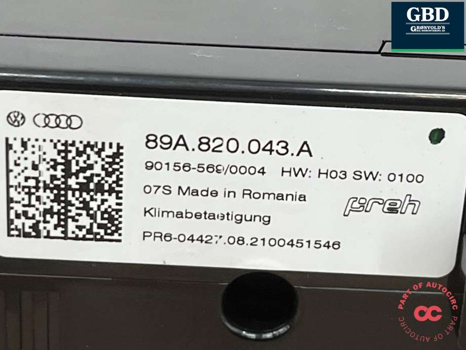 Varmeapparat betjening til Audi Q4 e-tron 2021-->> (89A 820 043 F|89A 820 043 A|)