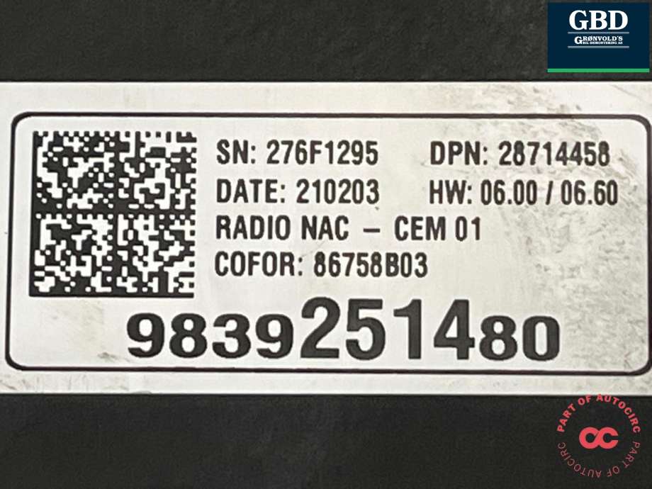 Multimedia display (MCU - Media Controller Unit) til Opel Grandland X 2017-->>  (98 224 342 YX|YQ 002 362 YX|98 392 514 80)