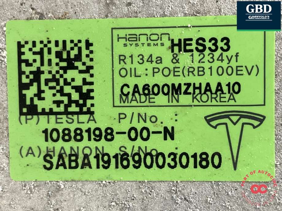 Aircondition kompressor elbil til Tesla Model 3 2018-2023 (Fase 1) (1088198-00-N|1088198-00-O | 1088198-00-P|1088198-00-Q)
