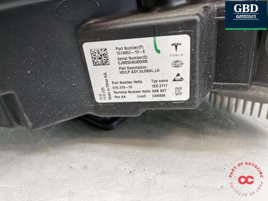 Frontlykt venstre full-LED til Tesla Model Y 2021-2024 (Type I) (1514952-10-D|1987098-S0-A|1514952-09-D| 1514952-10-E)