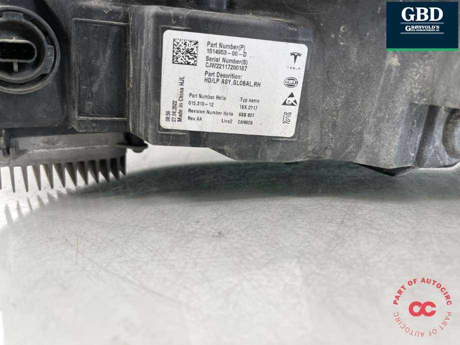 Frontlykt høyre full-LED til Tesla Model 3 2018-2023 (Fase 1)  (1514953-00-C|)