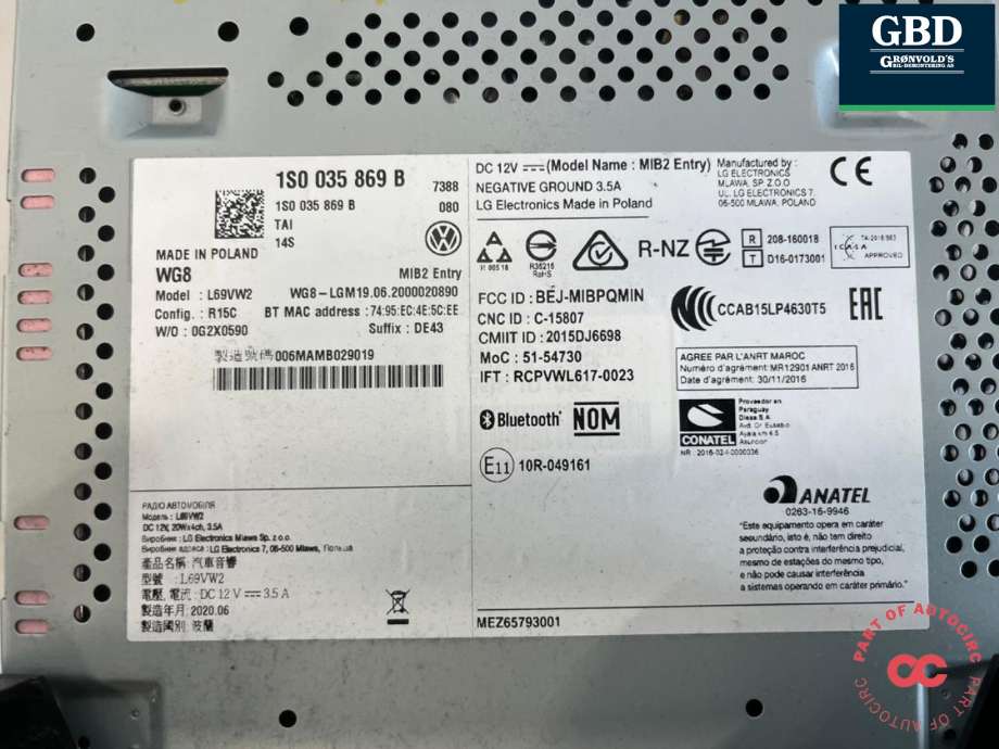 Bilstereo betjeningspanel til VW E-Up 2019-->> (|1S0 035 869 B)
