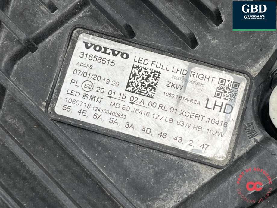 Frontlykt høyre full-LED til Volvo XC60 2017-->> (Type II) (31108601|31656615|)
