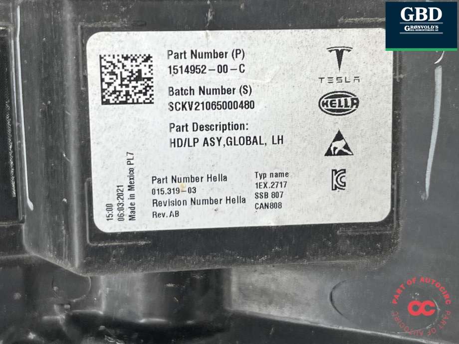 Frontlykt venstre full-LED til Tesla Model 3 2018-2023 (Fase 1) (1514952-00-C|)