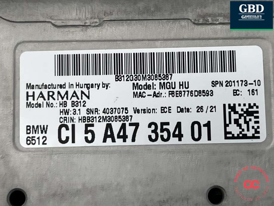 Bilstereo forsterker til BMW iX3 2021-->>  (65 12 5 A5C A89|CI5A4735401|)