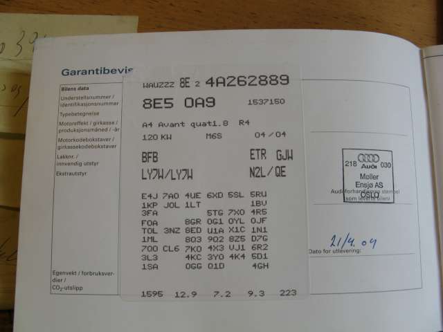 Audi A4 2001-2004 (Type II) (B6) (B6), Motorkode: , Girkassekode: 