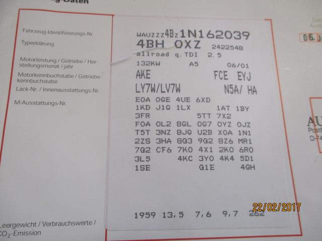 Audi A6, Allroad 2000-2005 (Type I) (C5) (C5), Motorkode: AKE, Girkassekode: FCE