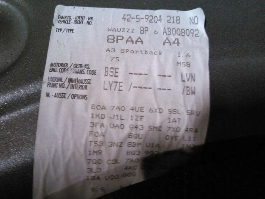 Audi A3 2009-2012 (Type II, Fase 2) , Motorkode: BSE, Girkassekode: 