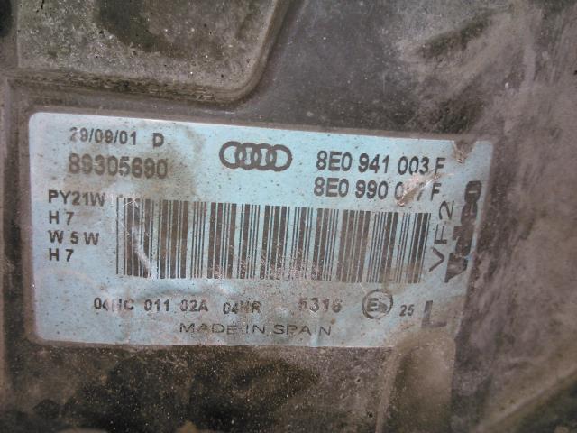 Frontlykt venstre halogen til Audi A4 2001-2004 (Type II) (B6) (B6) (8E0941003F|)