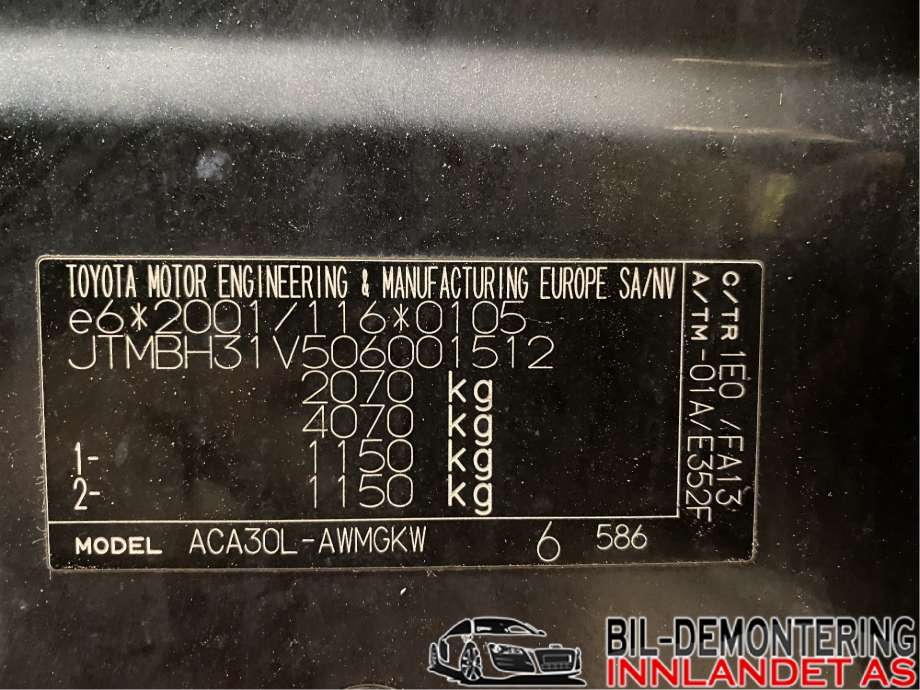 Toyota RAV4 2006-2009 (Type III, Fase 1) delebil , Motorkode: 1AZ-FE, Girkassekode: E352F