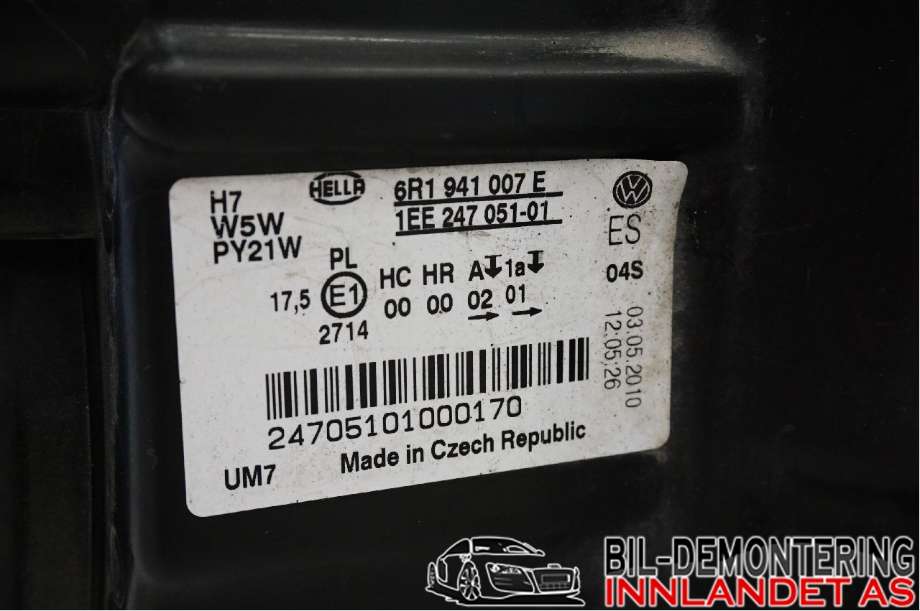 Frontlykt venstre halogen til VW Polo 2009-2014 (Type V, Fase 1)  (VOLKSWAGEN|6R1 941 007 E|)