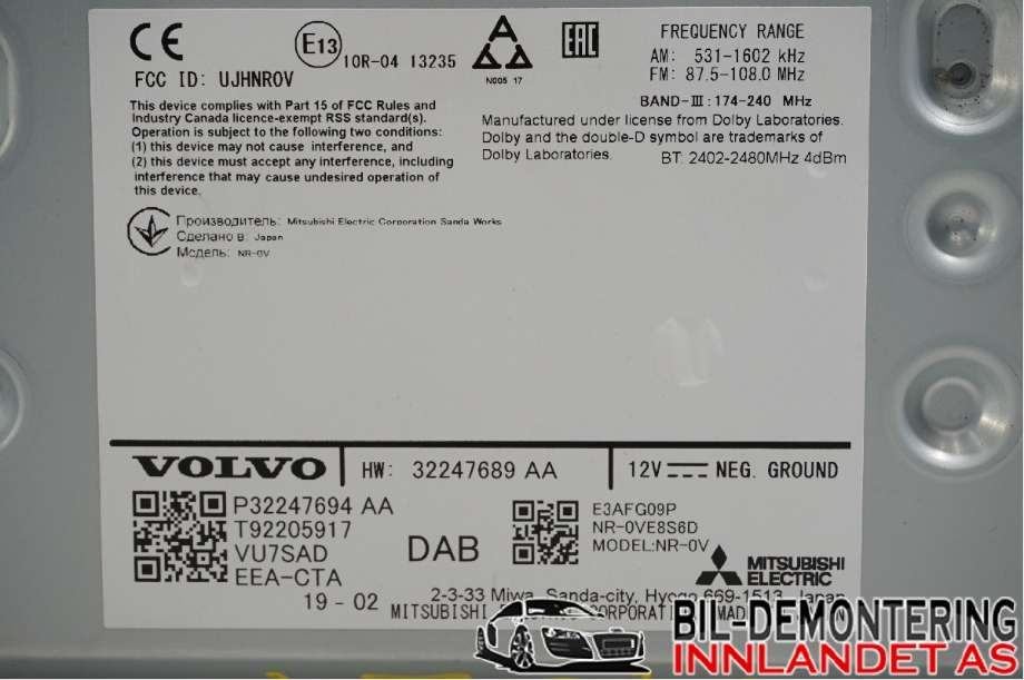 Bilstereo til Volvo XC60 2017-->> (Type II)  (VOLVO|36010478||32247694AA)