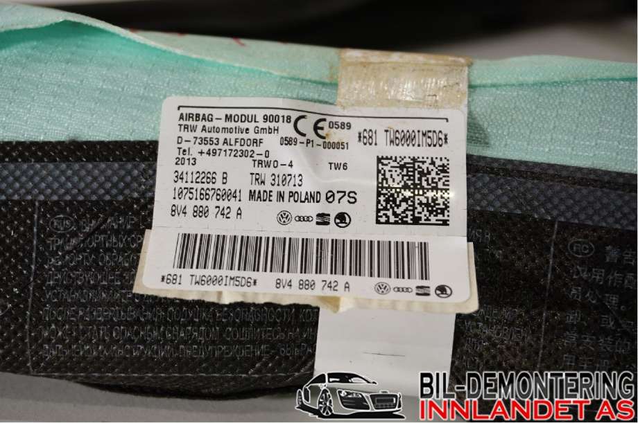 Airbag gardin høyre til Audi A3 2012-2016 (Type III, Fase 1)  (AUDI|8V4 880 742 A|)