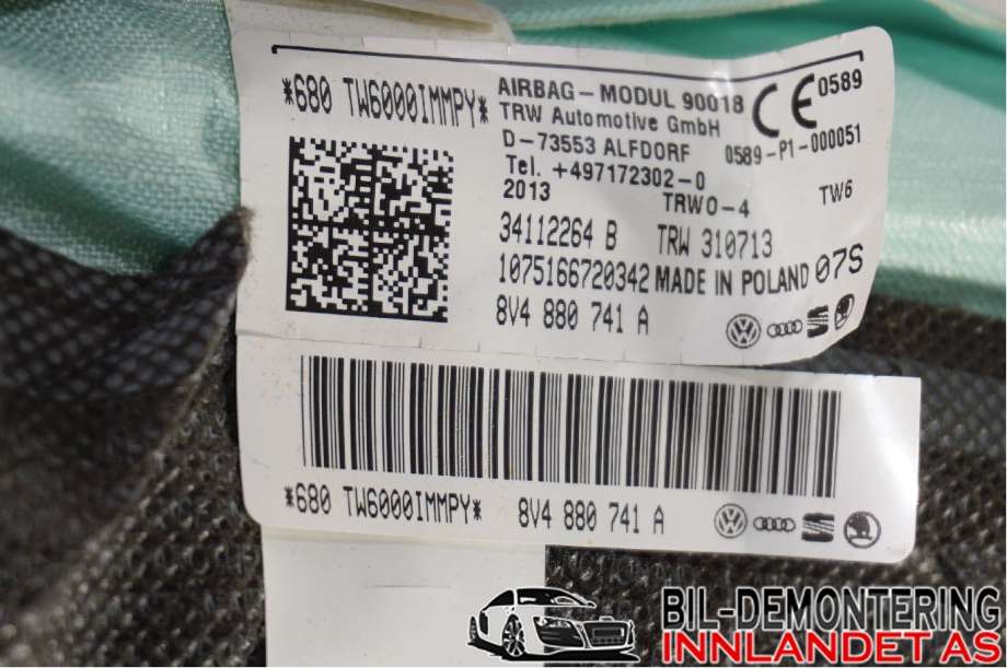 Airbag gardin venstre til Audi A3 2012-2016 (Type III, Fase 1) (AUDI|8V4 880 741 A|)