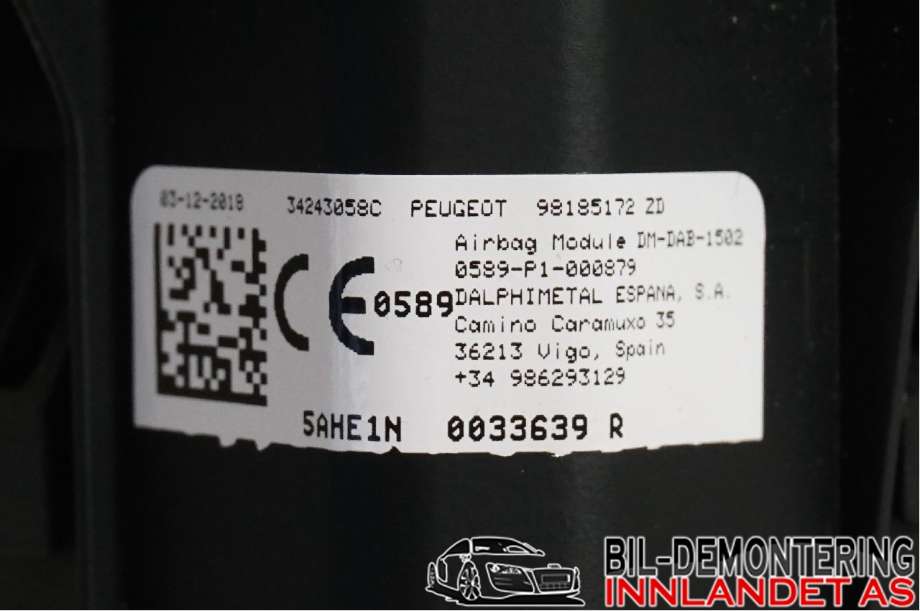 Airbag rattpute til Peugeot Partner 2019-->> (Type III) (PEUGEOT|98 185 172 ZD||0589-PI-000879)