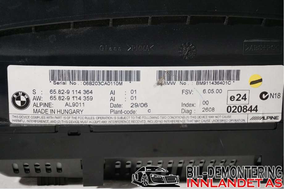 Instrument kjørecomputer til BMW 3-Serie 2005-2011 (E90/E91/E92/E93) (E90/E91/E92/E93) (BMW|65 82 9 193 757|06B203CA0110M|BM911436401C)