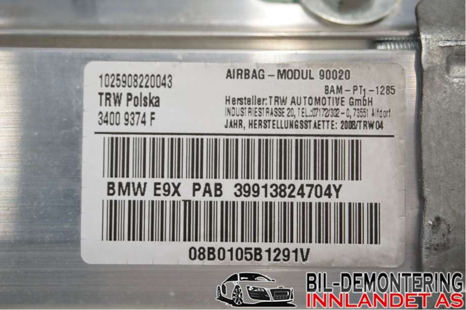 Airbag passasjer til BMW 3-Serie 2005-2011 (E90/E91/E92/E93) (E90/E91/E92/E93) (BMW|72 12 9 138 247|08B0105B1291V|39913824704Y)