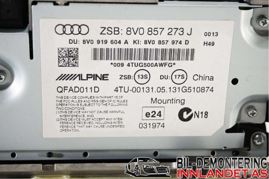 Instrument kjørecomputer til Audi A3 2012-2016 (Type III, Fase 1)  (AUDI|8V0 857 273 J||8V0857273J)