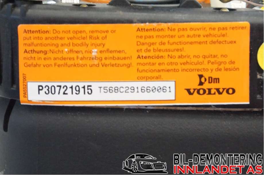 Airbag rattpute til Volvo V70 2007-2013 (Type III, Fase 1)  (VOLVO|P30721915|)