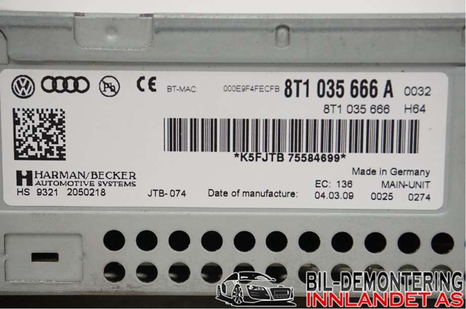 Bilstereo navigasjon spiller til Audi A5 2007-2016 (Type I)  (AUDI|8T1 035 666 JX||8T1 035 666 A)