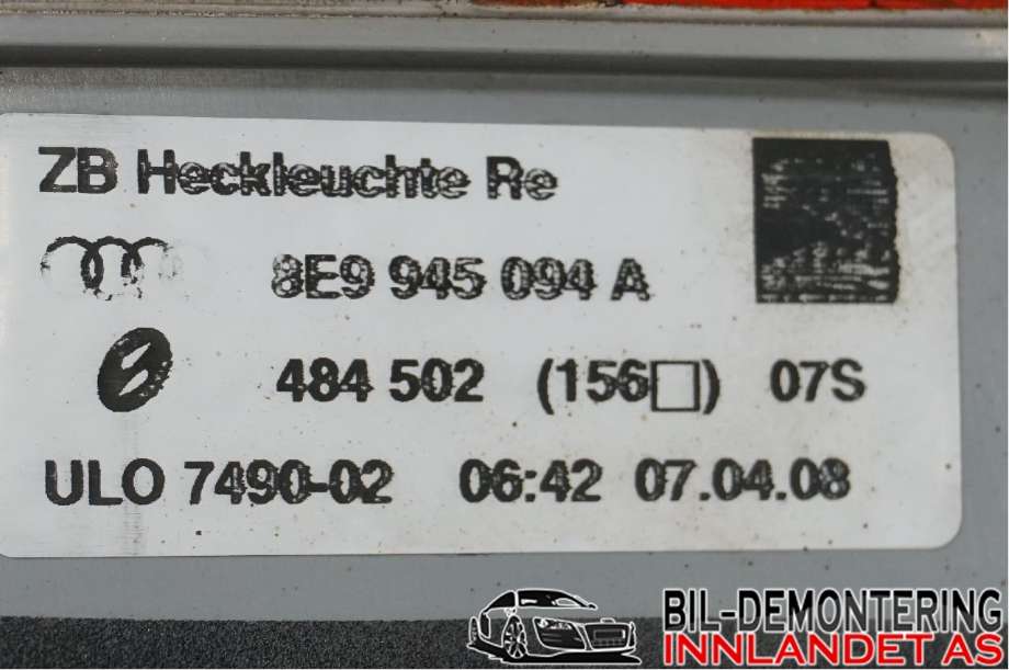 Baklykt høyre indre til Audi A4 2004-2008 (Type III) (B7) (B7) (AUDI|8E9 945 094 A|)