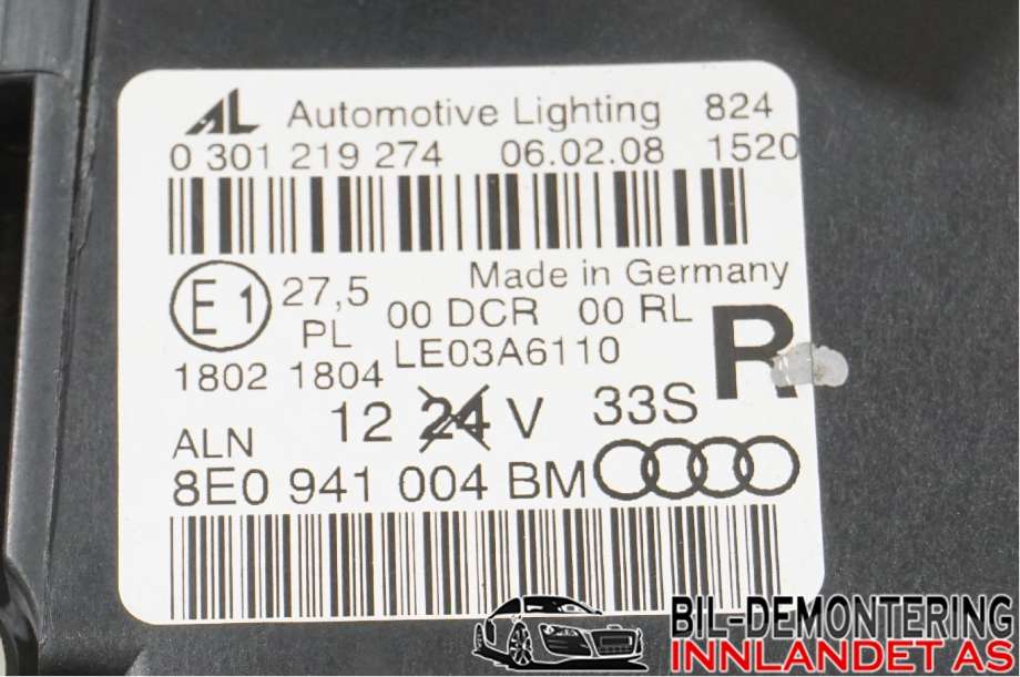 Frontlykt høyre halogen til Audi A4 2004-2008 (Type III) (B7) (B7) (AUDI|8E0 941 030 AS|)
