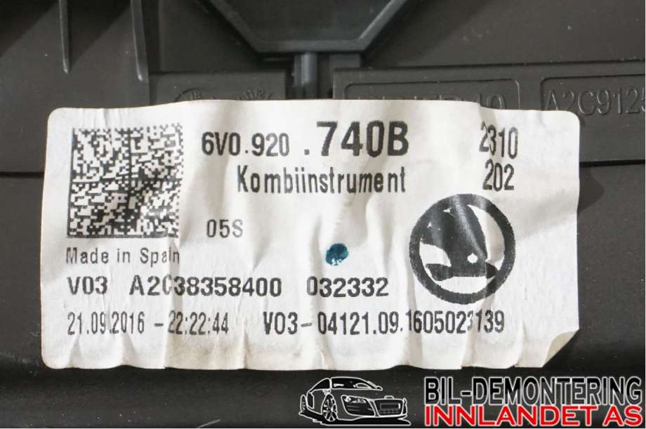 Speedometer til Škoda Fabia 2014-2021 (Type III) (SKODA|6V0 920 740 B|)