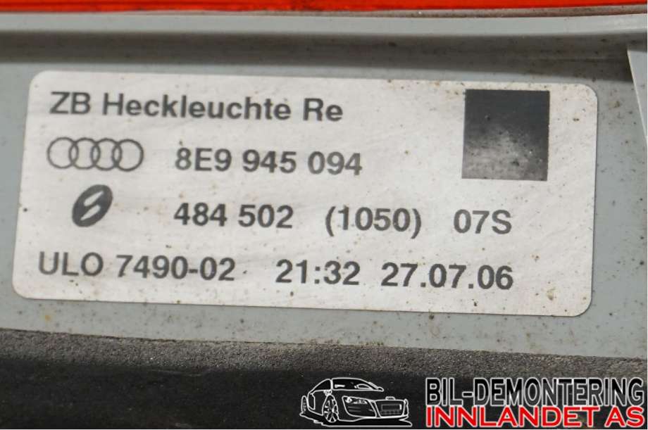 Baklykt høyre indre til Audi A4 2004-2008 (Type III) (B7) (B7) (AUDI|8E9 945 094 A|)