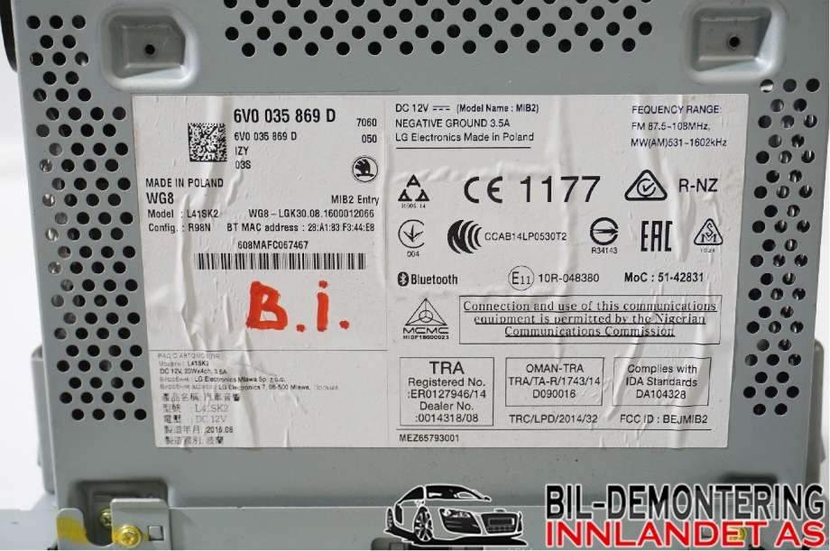 Bilstereo til Škoda Fabia 2014-2021 (Type III) (SKODA|6V0 035 869 D|)