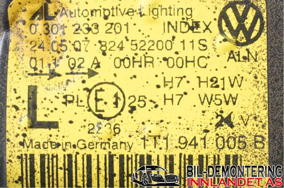 Frontlykt venstre halogen til VW Touran 2007-2010 (Type I, Fase 2)  (VOLKSWAGEN|1T1 941 005 B|)