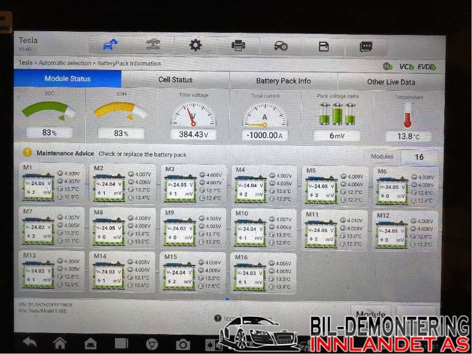 Batteripakke elbil til Tesla Model S 2013-2016 (Fase 1) (TESLA|1101078-00-A|1063792-00-B|1055519-00-B)