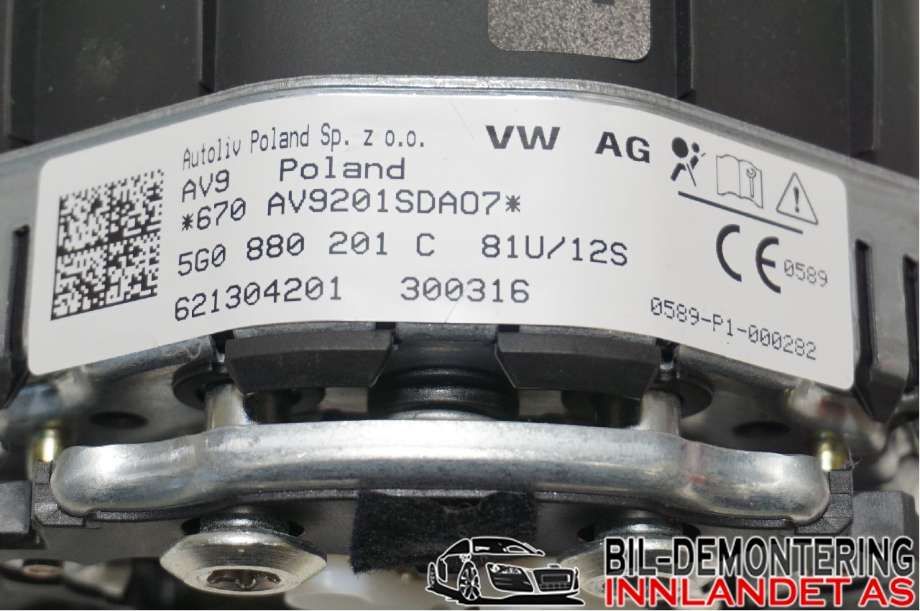 Airbag rattpute til VW Passat 2015-2019 (Fase 1) (B8) (B8) (VOLKSWAGEN|5G0 880 201 S|)