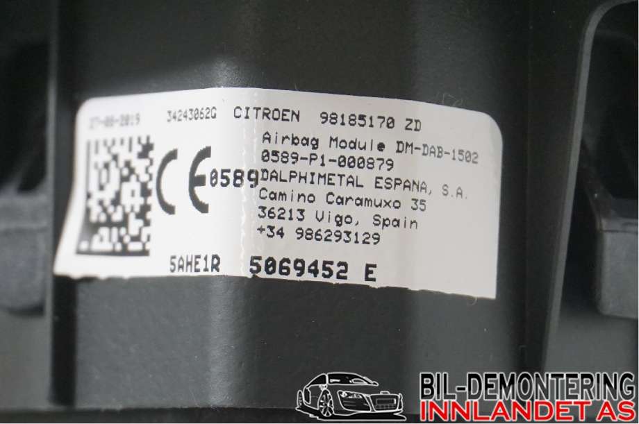 Airbag rattpute til Citroën Berlingo 2019-->> (Type III)  (CITROEN|98 185 170 ZD|)